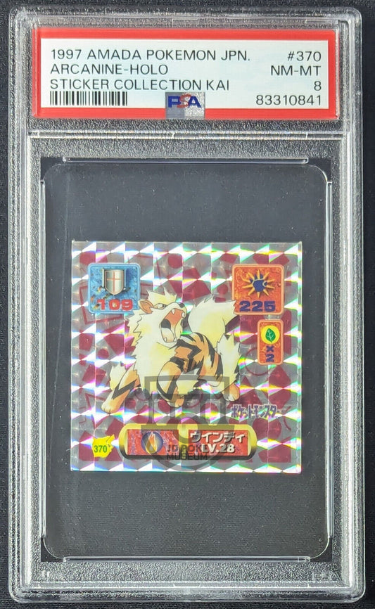 Pokemon 1997 Japanese Amada Kai - Arcanine 370 Prism Holo Sticker PSA 8 NM-Mint