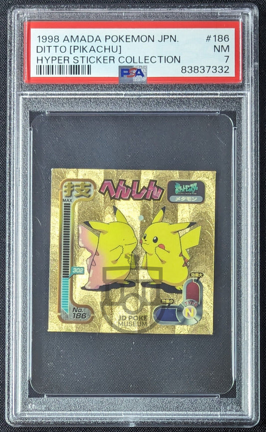 Pokemon 1998 Japanese Amada Hyper Sticker - Ditto Pikachu 186 Gold - NM PSA 7