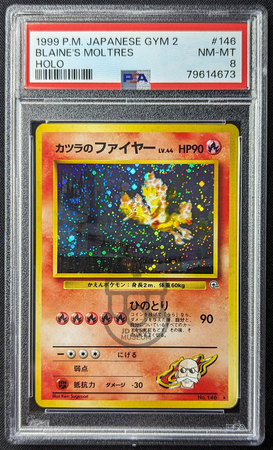 Pokemon 1999 Japanese Gym 2 - Blaine's Moltres No.146 Holo Card - NM-Mint PSA 8